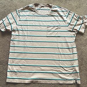 Cream color tee with white/mint/navy stripe